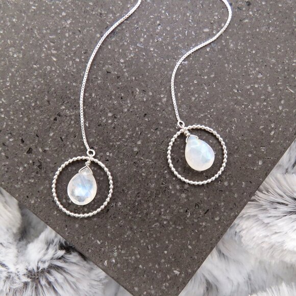 Rainbow Moonstone Threader Earrings in 925 Sterling Silver - Picture 1 of 5